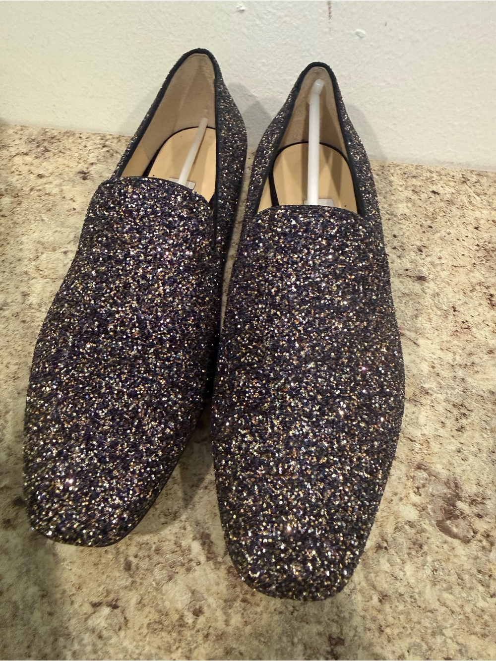 Jimmy Choo Women’s Glitter Slip-On Loafers in Black and Gold Sparkle